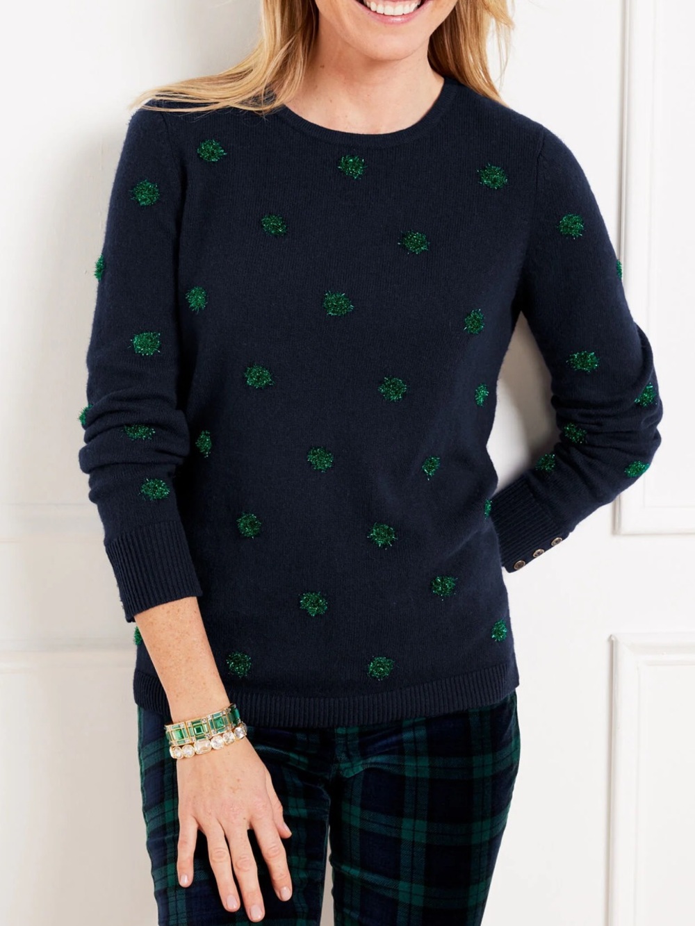 Talbots Wool Blnd Navy Crewneck Sweater with Green Tinsel Dot/Pom Accents Medium